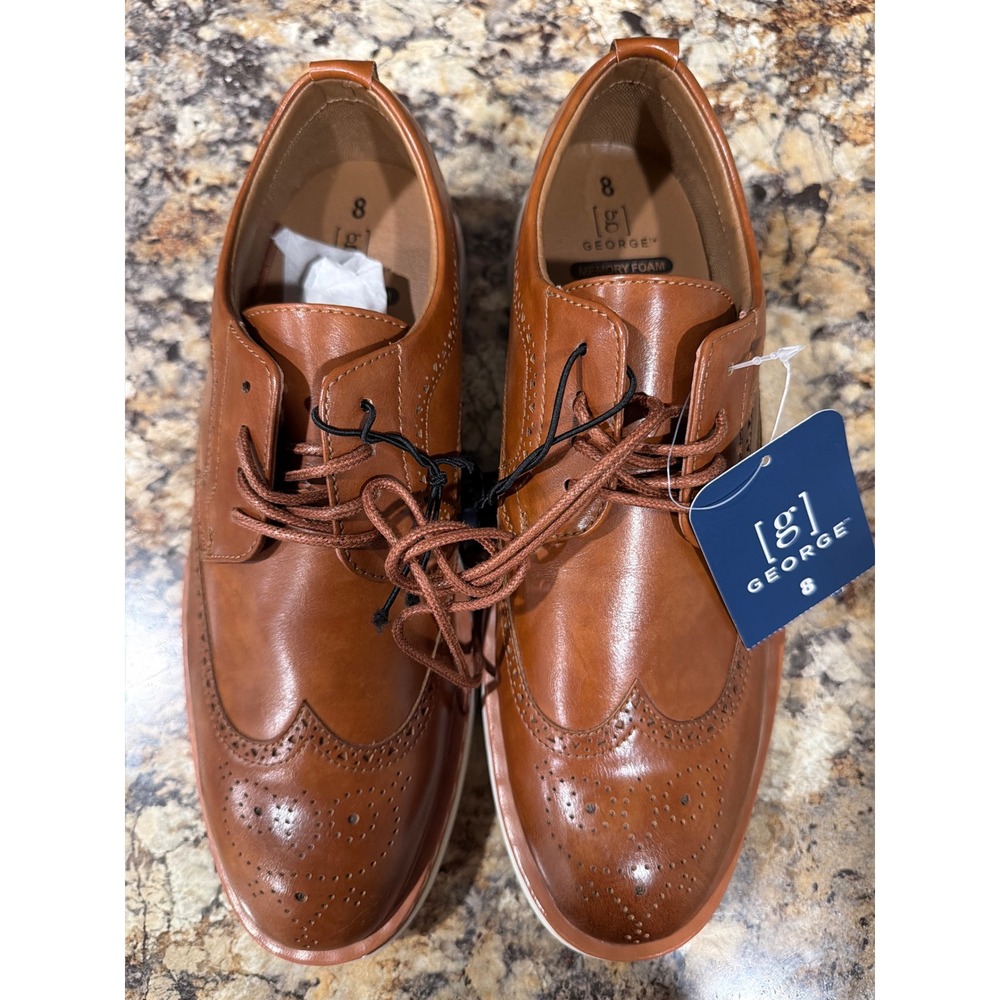 George Mens Wingtip Brogue Oxford Shoes Cognac Brown Memory Foam Wedge Sole 8
